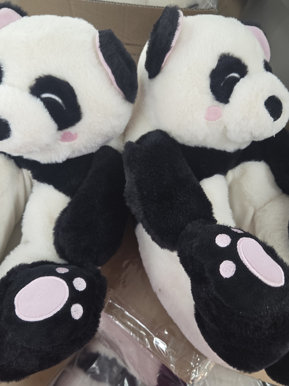 Plush Panda Women's Slippers - Black, White & Pink Accents